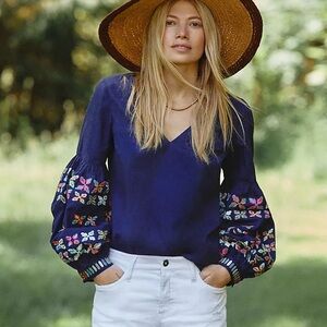 Anthropologie Navy Blouse with Floral Embroidery